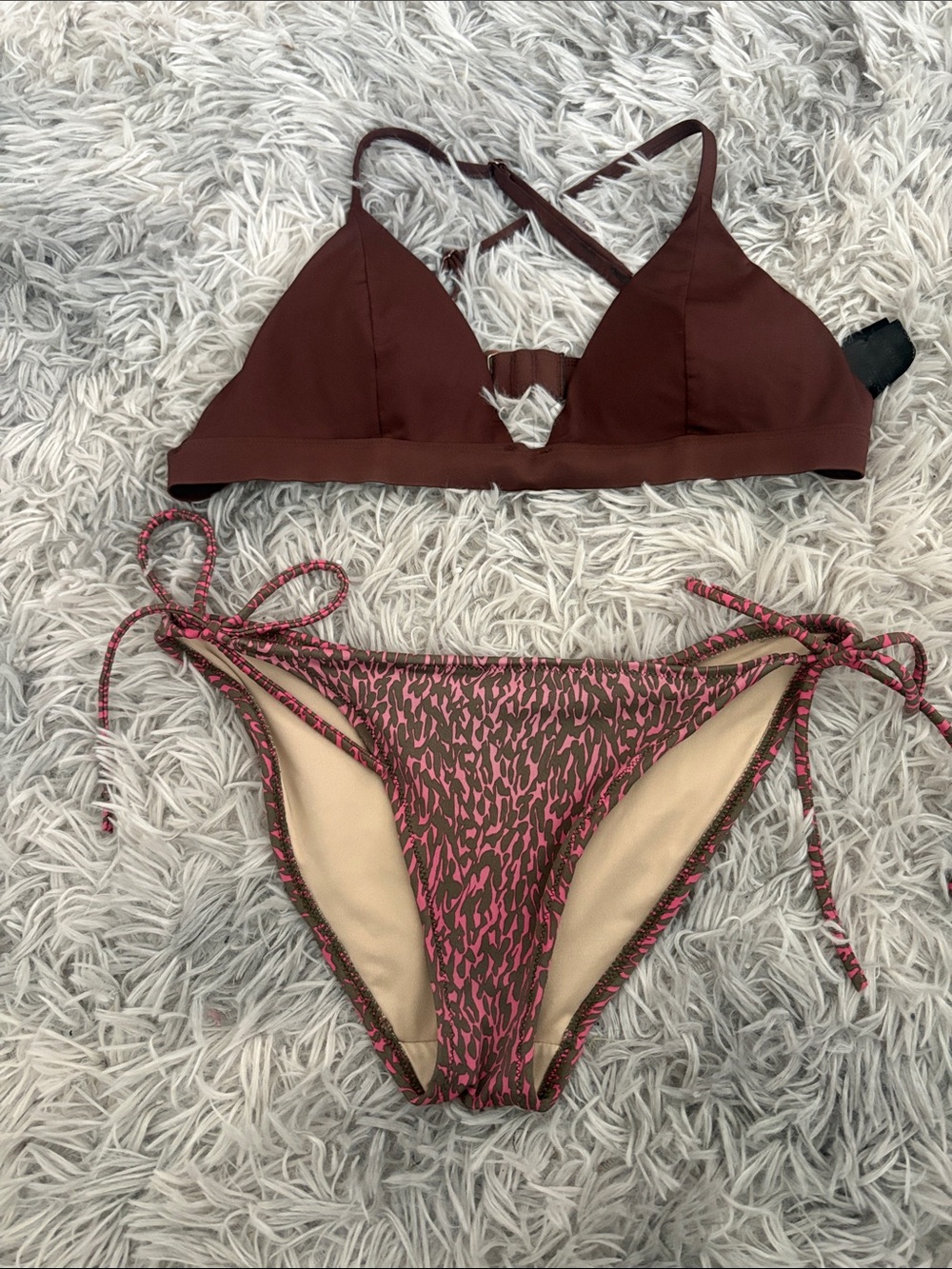 Brown Triangle Bikini Top with Pink & Brown Print Tie-Side Bottom